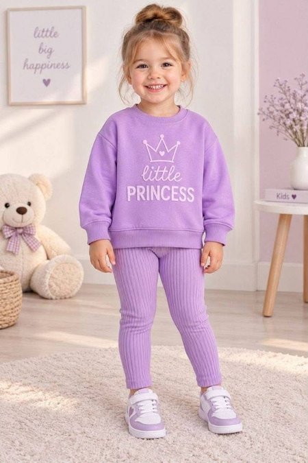 Uroczy fioletowy komplet dziewczęcy – Bluza „Little Princess” i prążkowane legginsy