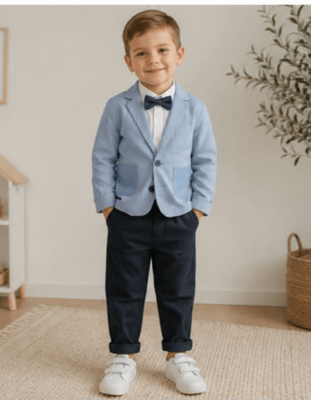 Elegancki komplet chłopięcy z błękitną marynarką i muszką