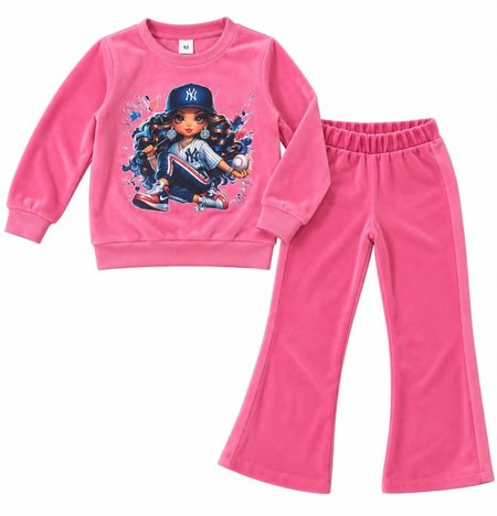 Welurowy komplet dziewczęcy: bluza z nadrukiem + spodnie dzwony | Produkt Polski 