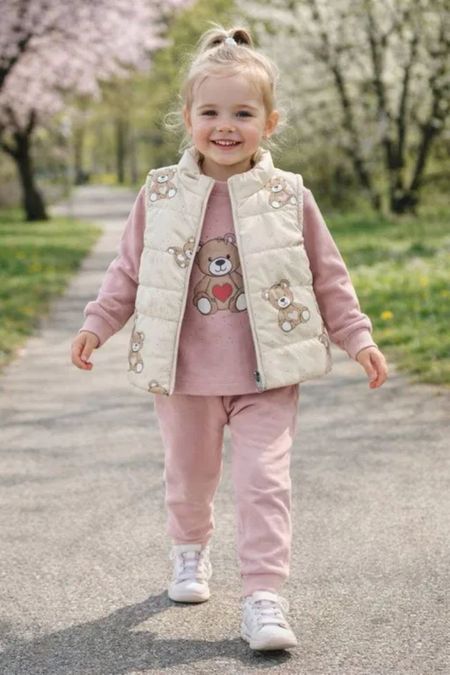 Trzyczęściowy komplet dresowy dla dziewczynki z kamizelką w misie