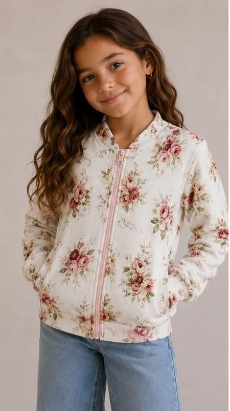 Dziewczęca bluza rozpinana  –  wzór w róże
