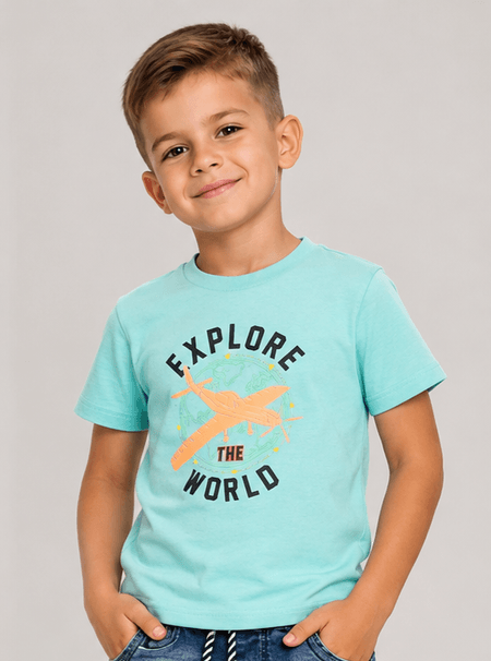 T-shirt chłopięcy z samolotem „Explore the World” 