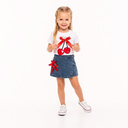 Komplet dziewczęcy: t-shirt z wisienkami + dżinsowe spódnico-spodenki
