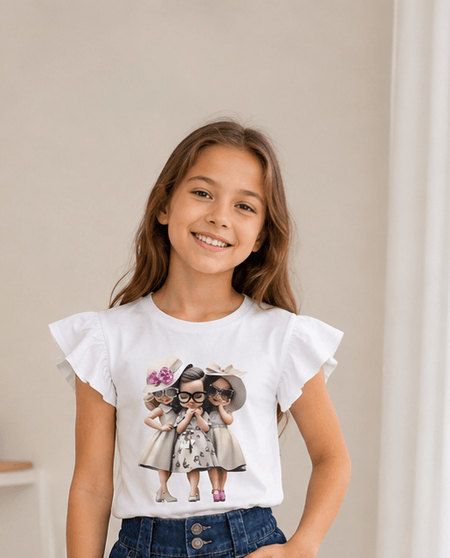 T-shirt dziewczęcy z falbankami „Stylowe Przyjaciółki” | Produkt Polski