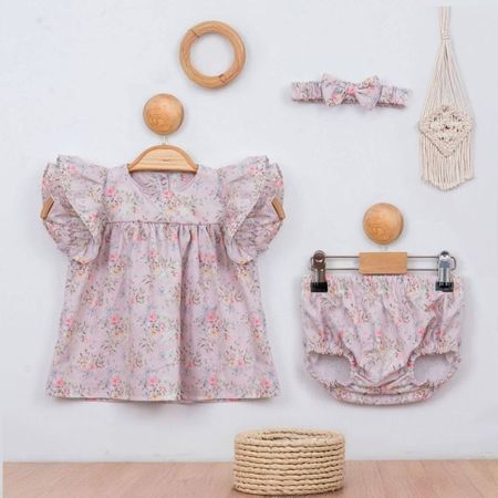 Komplet niemowlęcy w kwiaty – bluzeczka, bloomersy i opaska