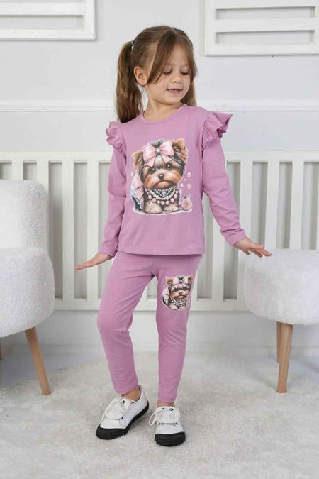 Komplet dziewczęcy z pieskiem liliowy – bluzka i legginsy
